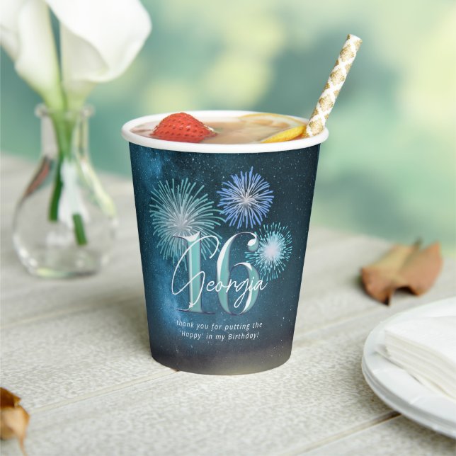Fireworks Sweet 16 Teal ID984 Paper Cups (Insitu)