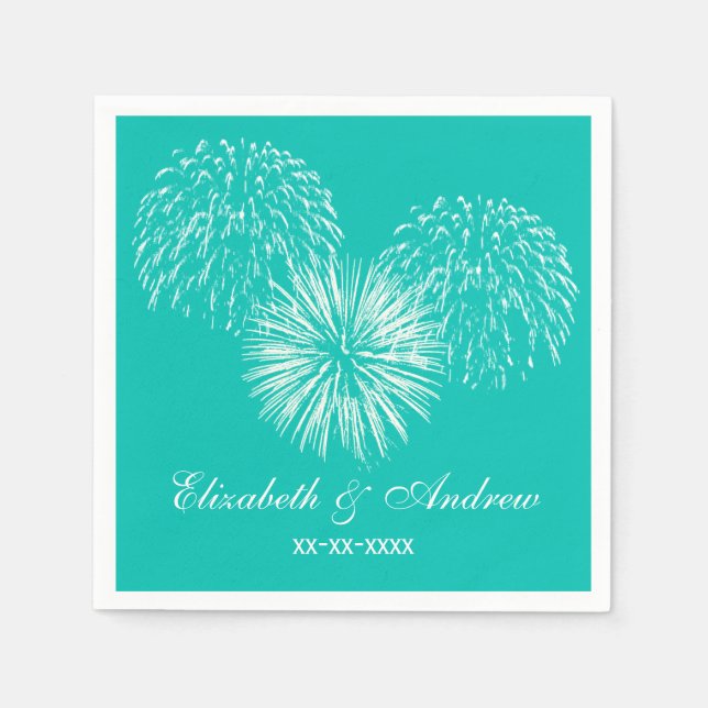 Fireworks, Teal Background, Name Monogram Napkin (Front)