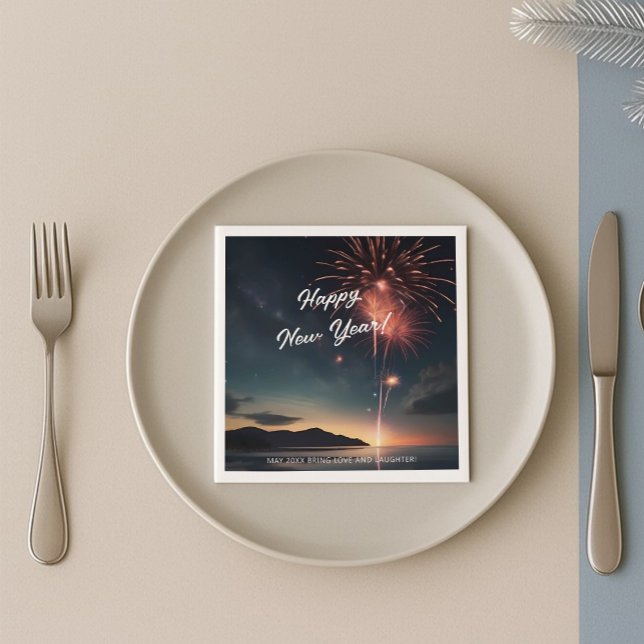  Fireworks Theme Script Caligraphy Happy New Year Napkin (Creator Uploaded)