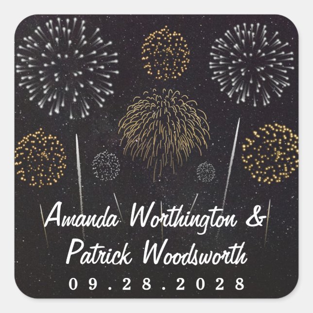 Fireworks Themed Black Gold Silver Wedding Favour Square Sticker (Front)