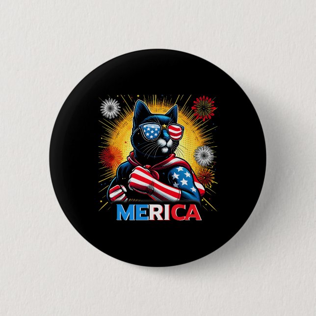 Fireworks Us Flag Patriotic Black Cat  2 Inch Round Button (Front)