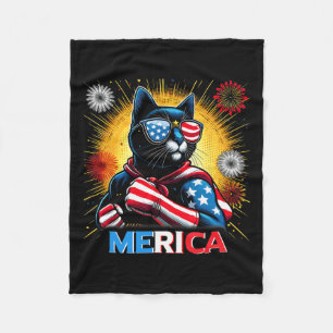 Fireworks Us Flag Patriotic Black Cat  Fleece Blanket