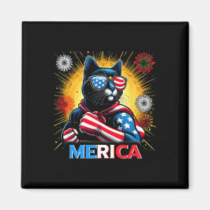 Fireworks Us Flag Patriotic Black Cat  Magnet