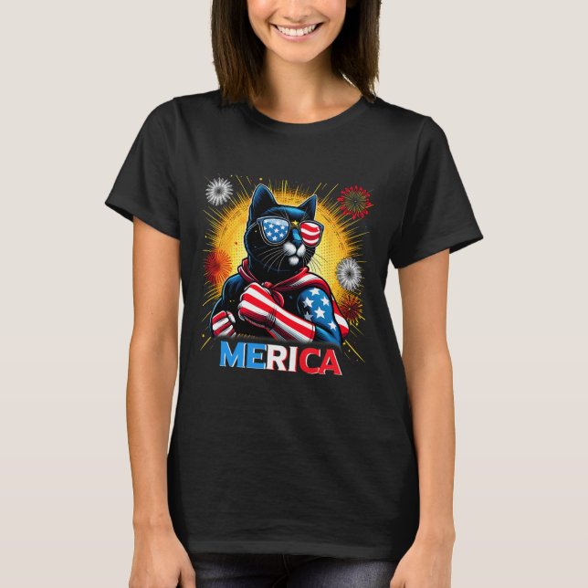 Fireworks Us Flag Patriotic Black Cat  T-Shirt (Front)