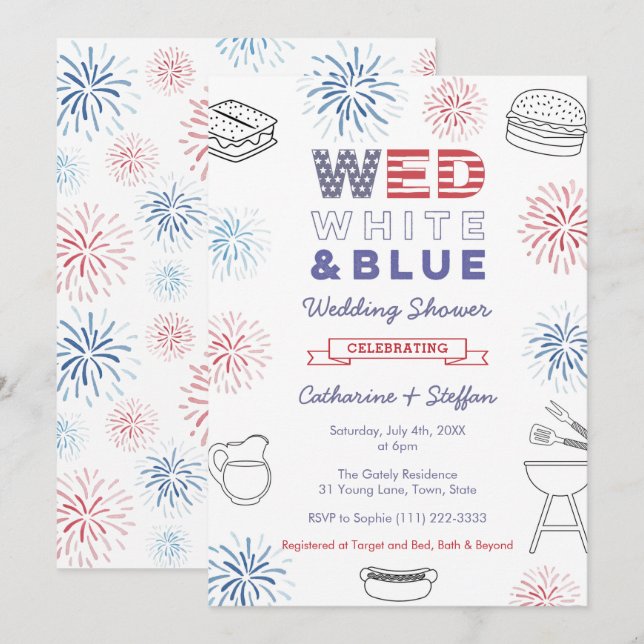Fireworks Wed White Blue Cookout Couples Shower Invitation (Front/Back)