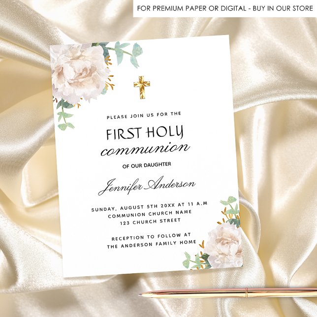 Firrst communion white floral budget invitation flyer (Creator Uploaded)