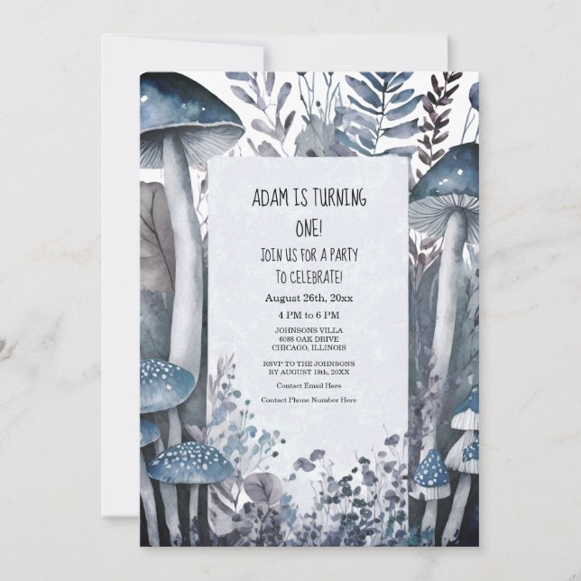 First 1st Birthday Blue Mushrooms Boho Woodlands Invitation (Front)