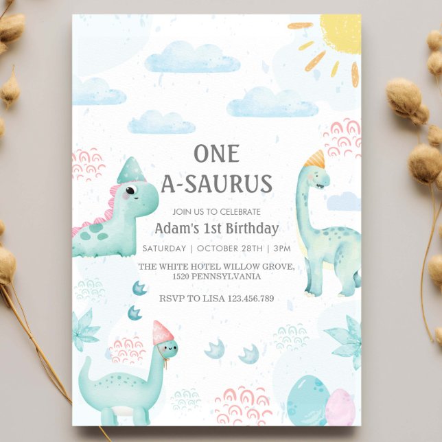 First 1st Birthday Blue Watercolor Dinosaurs Party Invitation (Creator Uploaded)