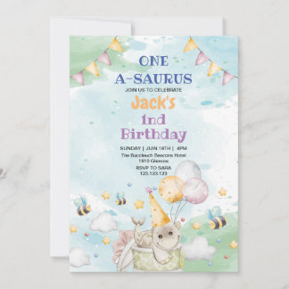 First 1st Birthday Dino Dinosaur watercolor Invitation
