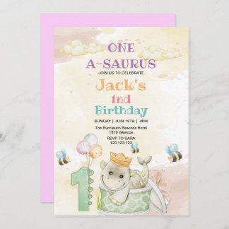 First 1st Birthday Dinosaur and Bee Watercolor Invitation