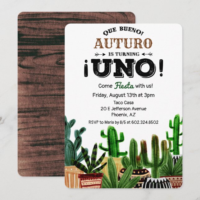 First 1st Birthday Fiesta Cactus Invitation (Front/Back)