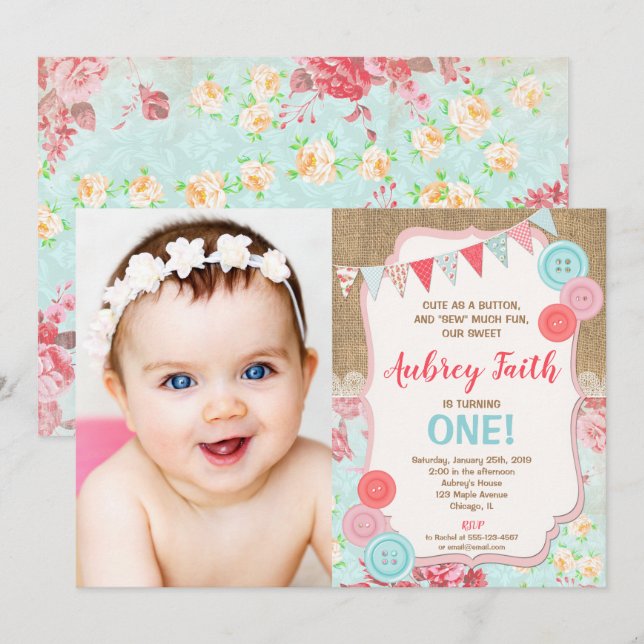 first 1st birthday girl cute as a button photo invitation (Front/Back)