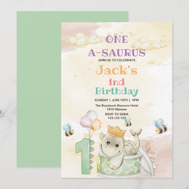First 1st Birthday Green Dinosaur Watercolor  Invitation (Front/Back)