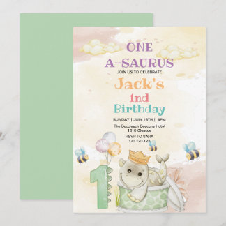 First 1st Birthday Green Dinosaur Watercolor Invitation