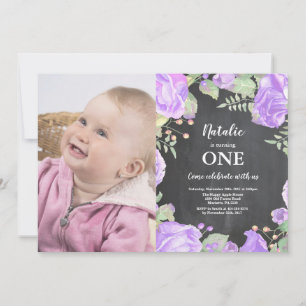 First 1st Birthday Invitation Purple Floral