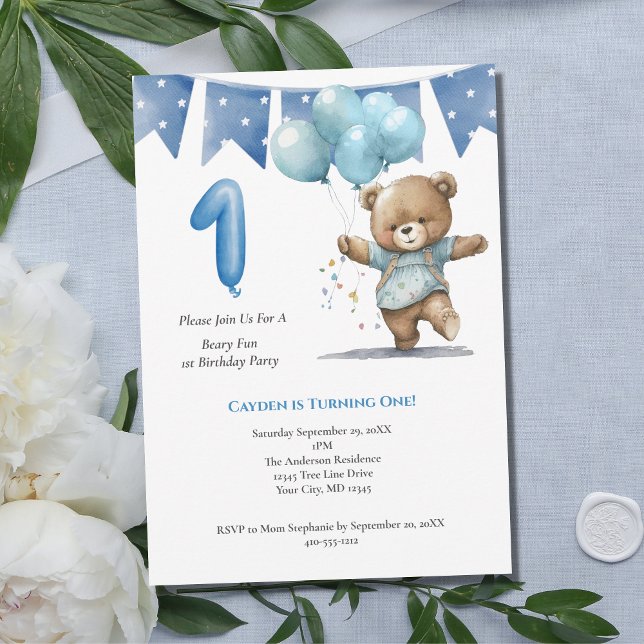 First 1st Birthday Party Baby Boy Bear Balloons  Invitation (Creator Uploaded)