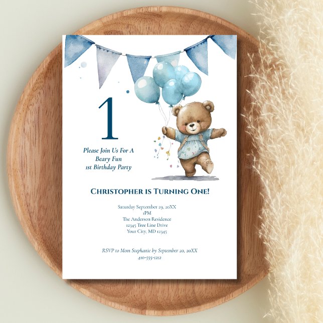 First 1st Birthday Party Baby Boy Bear Balloons  Invitation (First Birthday Baby boy Bear Invitation. Printed or Digital Download.)