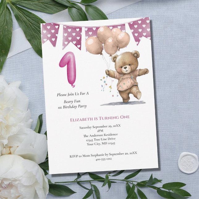 First 1st Birthday Party Baby Girl Bear Balloons  Invitation (Creator Uploaded)