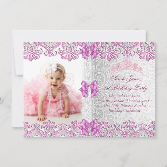 First 1st Birthday Party Girls Pink Photo Princess Invitation (Front)