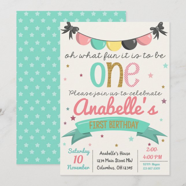 First 1st Birthday Party Invite for little girls (Front/Back)