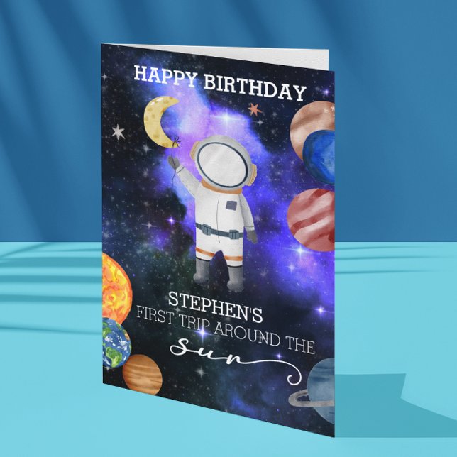 First 1st Birthday Space Astronaut Galaxy Planet Card (Creator Uploaded)