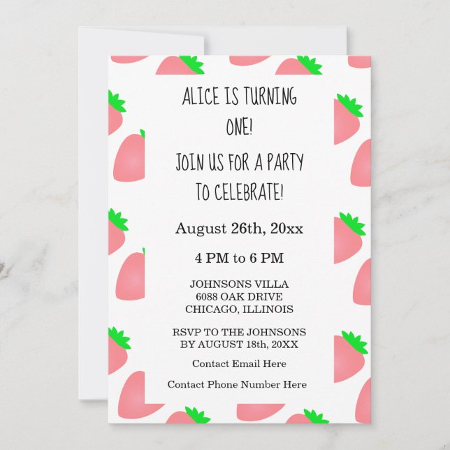 First 1st Birthday Strawberry Pink Baby Girl 2024 Invitation (Front)