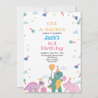 First 1st Birthday Three Cute Dinosaur Invitation