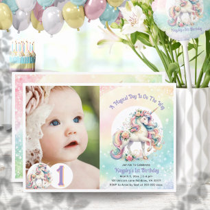First 1st Birthday Unicorn Theme Pastel Rainbow Invitation