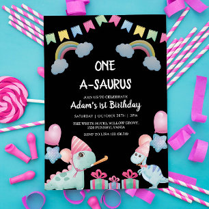First 1st Birthday Watercolor Dinosaurs Party Invitation