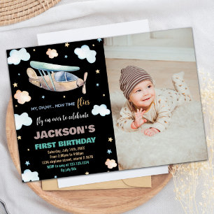 First Airplane Birthday Invitations Black w photo