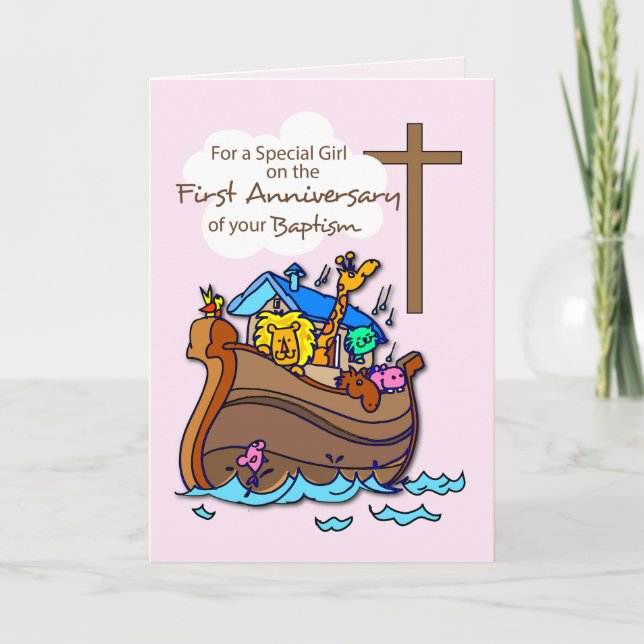 First Anniversary of Baptism Girl Noah's Ark Card (Front)