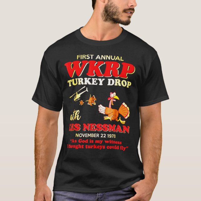 First-Annual-WKRP-Turkey-Drop- With-Les-Nessman--T T-Shirt (Front)