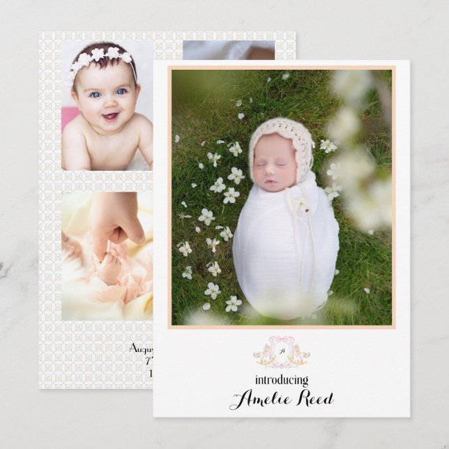 First Baby Announcements Pink Rocking Horse Photo  (Front/Back)