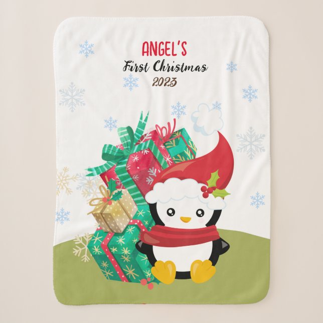 First Baby Girl Christmas  Penguin Sherpa Blanket (Front)