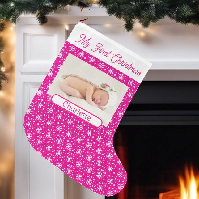 First  Baby  Girl's Photo Name Pink Snow Large Christmas Stocking (Creator Uploaded)