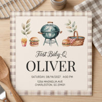 First Baby Q BBQ First Birthday Boy Rustic Gingham