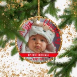 First baby's Christmas gold glitter  Ceramic Ornament<br><div class="desc">I made this template for you with so much joy so you may easily replace with your baby's photo and enjoy this cute gold glitter ceramic ornament on your Christmas tree or give it as a gift to grandparents or other relatives and friends! If you need any help don't hesitate...</div>