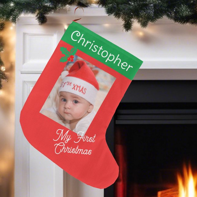 First Baby's Photo Custom Name Boy or Girl Large Christmas Stocking (Creator Uploaded)