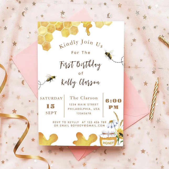 First Bee Birthday Yellow Bee and Sunflower Invitation (Creator Uploaded)