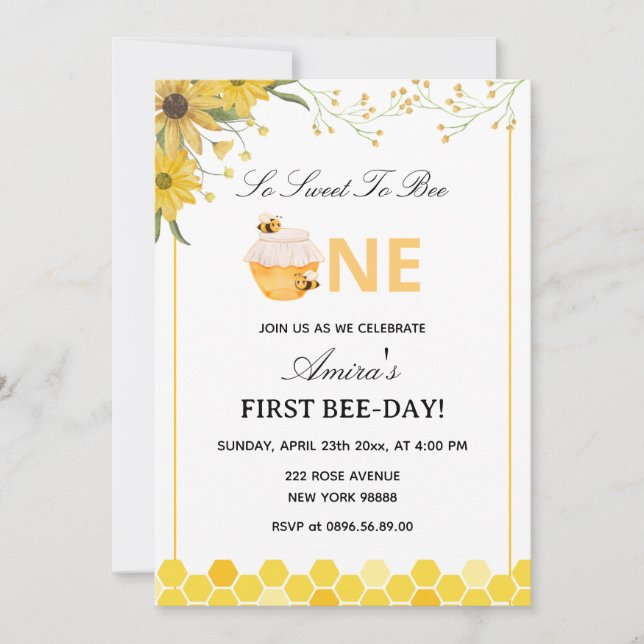 First Bee Day Birthday Invitation (Front)