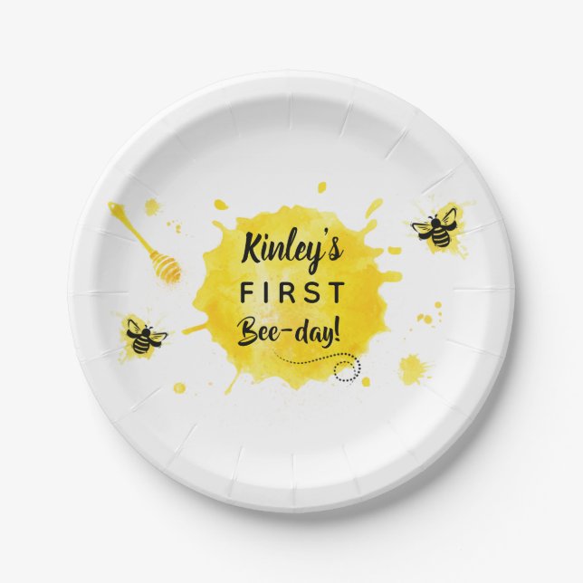 First bee-day birthday party honey bee paper plate (Front)