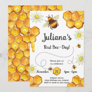 First Bee-Day Birthday Party Invitation