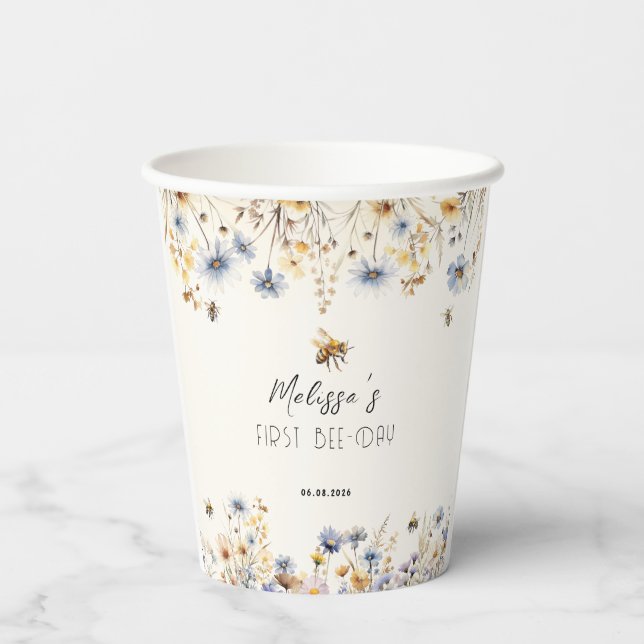 First Bee Day - Floral 1st Birthday  Paper Cups (Back)