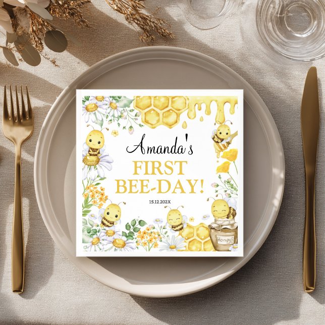 First Bee Day Floral Bumblebee Birthday Party Napkin (Creator Uploaded)