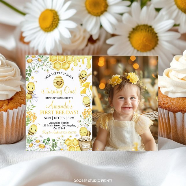 First Bee Day Floral Honey Bee Birthday Invitation (Creator Uploaded)