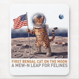 First Bengal Cat on the Moon - Retro Space Feline Mouse Pad