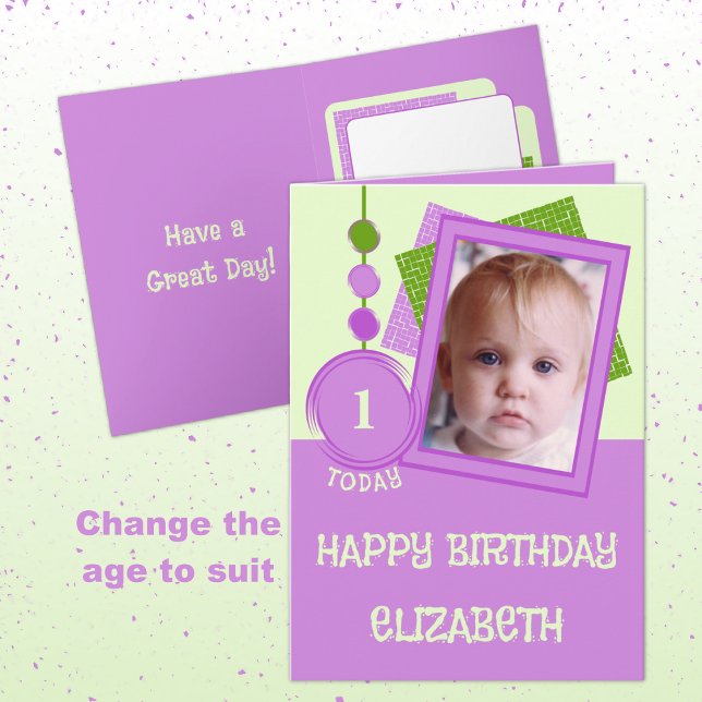 First birthday 1 today name photo purple green card (Creator Uploaded)