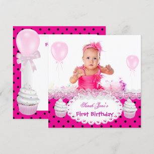 First Birthday 1st Girl Hot Pink Cupcakes Baby Invitation