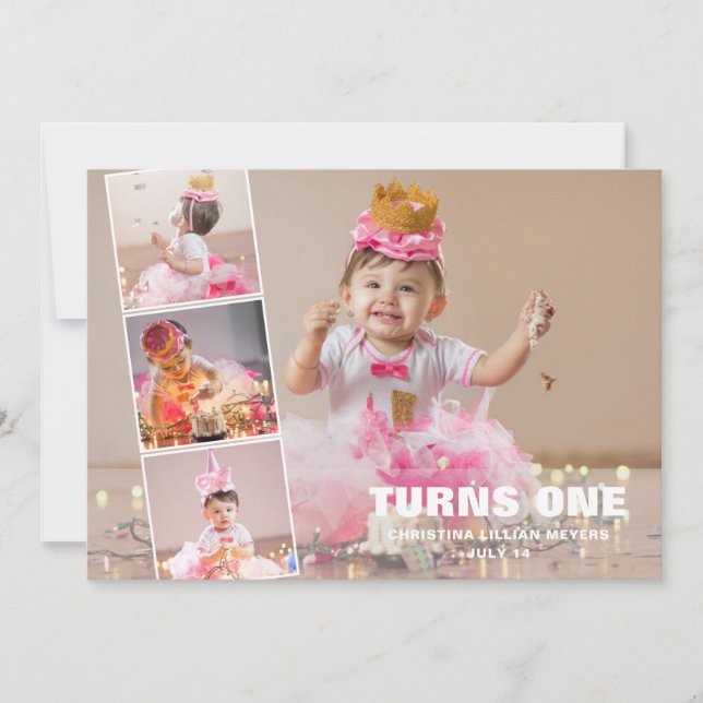 First Birthday 4 Photo Collage Birthday Holiday Card (Front)
