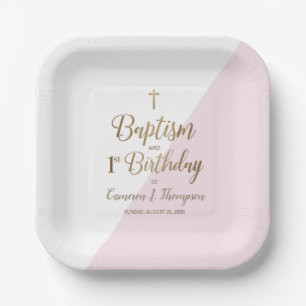 First birthday and baptism Pink Gold Cross Custom  Paper Plate
